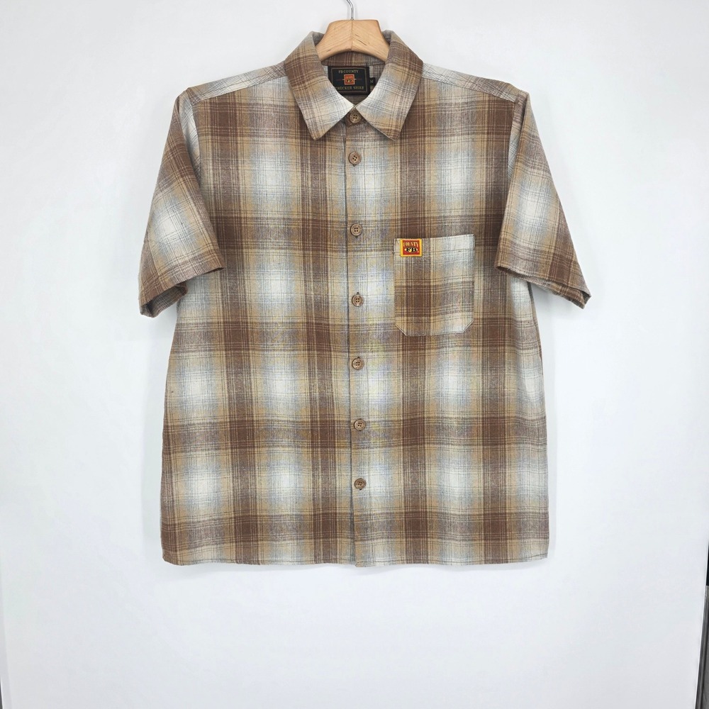 FB County Mens Brown Plaid Checker Shirt Short Sleeve Button Down Streetwear M